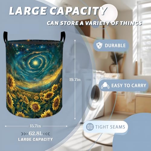Starry Sky Sunflower Field Laundry Basket with Handles, 19.7"x15.7" Clothes Foldable Laundry Hamper Organizer for Dorm Nursery Bedroom Bathroom Decor, Toy Storage Bin for Kids - style: Sunflower33