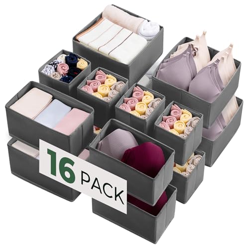 Kootek 16 Pack Drawer Organizer Clothes, Dresser Drawer Organizers for Clothing Fabric Foldable Closet Organizers and Storage Bins for Baby Clothes, Nursery, Underwear, Bras, Socks - color: Dark Grey
