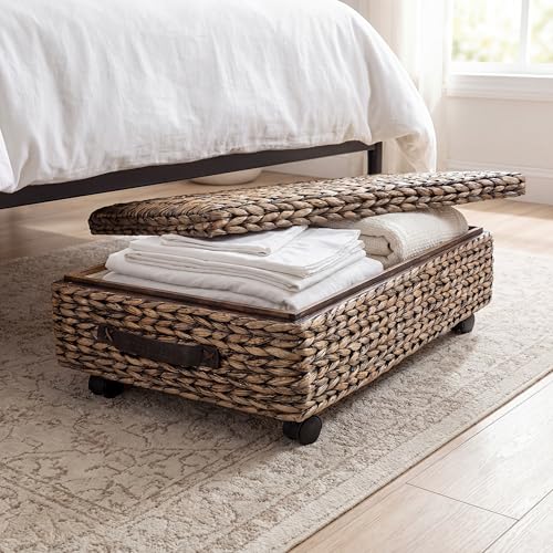 happimess BSK1006B 26.38" Chett Minimalist Hand-Woven Hyacinth/Wood Underbed Storage Bin with Wheels and Handles for Storage and Decoration in Bathroom, Bedroom,Closet,Entryway, Guest Room, Brown Wash - color: Brown Wash