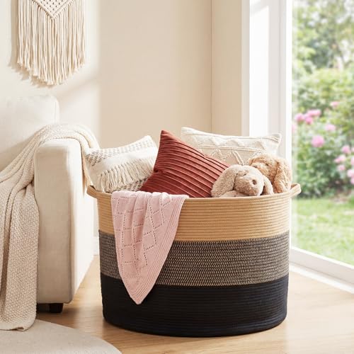 XXXXL 125L Extra Large Blanket Basket, 23.6" x 16.9" Jumbo Woven Cotton Rope Storage Basket with Handles, Laundry Hamper, Toy Storage for Living & Play Room (Khaki, Brown & Black) - color: Khaki, Brown & Black