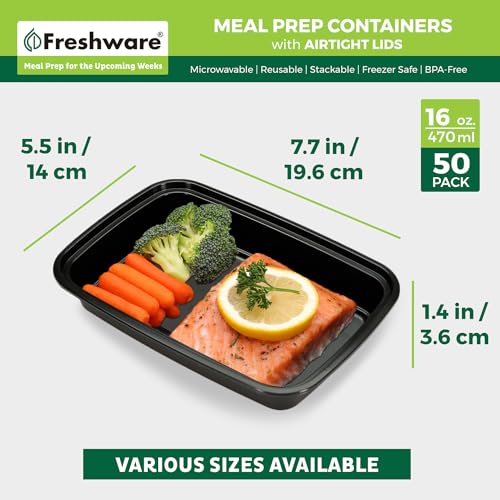 Freshware Meal Prep Containers [50 Pack] 1 Compartment Food Storage Containers with Lids, Bento Box, BPA Free, Stackable, Microwave/Dishwasher/Freezer Safe (16 oz) - size: 16OZ_50PK