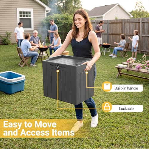 Greesum Outdoor Storage Box 31 Gallon Storage Box with Lid for Patio Furniture, Garden Tools, Pool Supplies, Waterproof and UV Resistant, Lockable, Dark Grey - color: Dark Grey, size: 31 Gallon