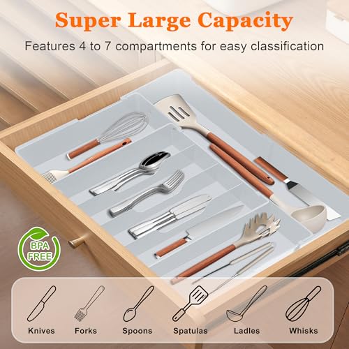 Spaclear Expandable Large Silverware Organizer - BPA-Free Food-Safe Kitchen Utensil Drawer Organizer, Adjustable 4-7 Deeper Slots Cutlery Tray for Forks Knives, Kitchen Organizers and Storage Solution - color: Grey
