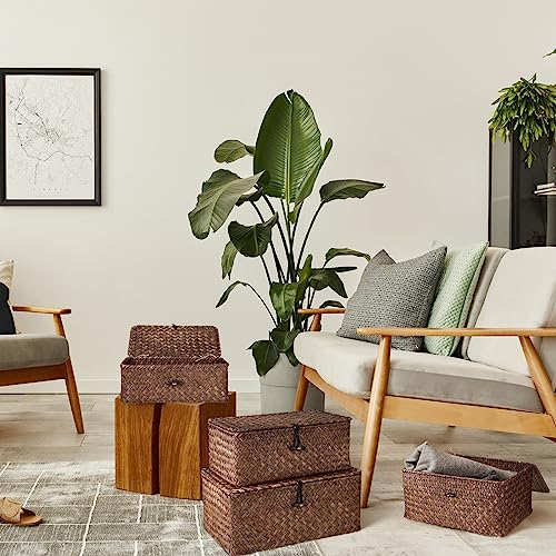 Woanger Set of 4 Wicker Storage Baskets Organizer，Handwoven Storage Bins with Lid for Organizing, Home Utility Box for Home Office Supplies Multipurpose Container(Coffee) - color: Coffee