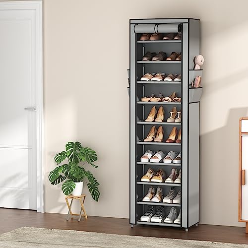 VTRIN Vertical Narrow Shoe Rack Organizer Tall Shoe Rack for Closet Entryway 10 Tier Non-Woven Cover Shoe Shelf Holds 20-22 Pairs Free Standing Shoe Storage Cabinet with Dustproof Cover, Grey - color: Grey, size: 17.7"W x11.8"D x 68.9"H