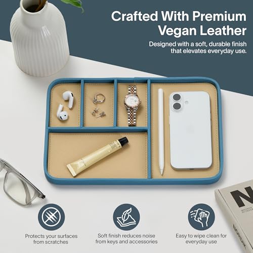 Nordik Leather Valet Tray - Nordik Blue - 11.8x7.9 Inch Large-Sized Vegan Leather Tray - Stylish Nightstand Organizer for Men - Modern Bedside Caddy - EDC Catchall for Keys Watch Wallet Jewellery - color: Nordik Blue, size: 11.8in x 7.9in