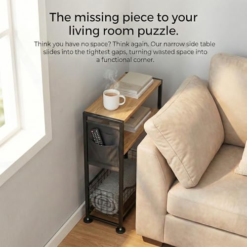 Skinny Side Table with Storage, 3 Tier Slim Side Tables for Small Spaces, Skinny End Table Narrow Bedside Table Narrow Side Table for Living Room, Bedroom - color: Oak