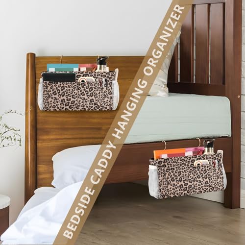 Bedside Caddy Hanging Bunk Bed Caddy Bed Organizer Hanging Pocket with 2 Hooks Bedside Storage Organizer Pocket Bag Holder Leopard Print Brown - color: Leopard Print Brown