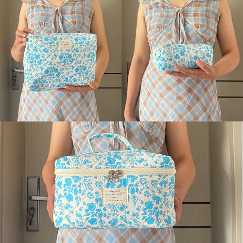 Lake Blue Large Quilted Floral Makeup Bag Set of 3 Cute Coquette Aesthetic Cosmetic Bag Set Travel Toiletry Bag for Women - color: B-3Pcs Lake Blue
