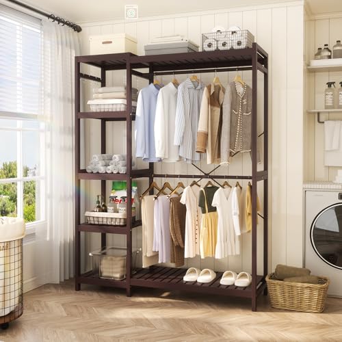Homykic Bamboo Closet System, Heavy Duty Clothing Rack for Hanging Clothes, Freestanding Clothes Rack with 7 Adjustable Shelves & Rods, 4 Hooks, Open Wardrobe Closet Organizer Garment Rack, Espresso - color: Espresso, size: 1-Pack