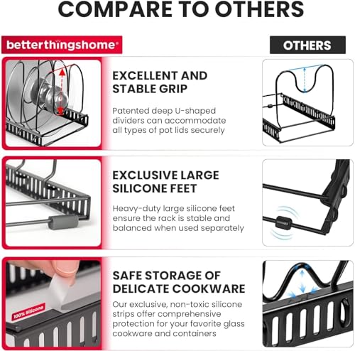 Better Things Home 7.5” Wide 12-Slot Adjustable Large Pan and Pot Lid Organizer with Scratch-Free Pads, Expandable Pot Lid Holder Rack for Cabinet, Pots and Pans Organizer Inside Cabinet - color: Dark Grey, size: PAN & BAKEWARE - 12+ DIVIDERS