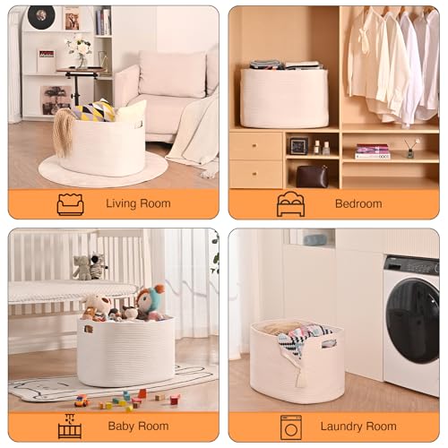 ICERZCZ White Laundry Basket, Blanket Baskets for Living Room, Cotton Rope Baskets for Storage, Woven Basket for Blankets, Toys, Clothes, Shoes, White, 25”x16”x16” (105L) - color: White, size: 25”x16”x16”