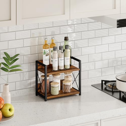 Giikin Countertop Shelf Organizer, 2 Tier Kitchen Spice Rack for Countertop, Wood Coffee Counter Shelf Organizer for Home (Brown, S) - color: Brown, size: Small