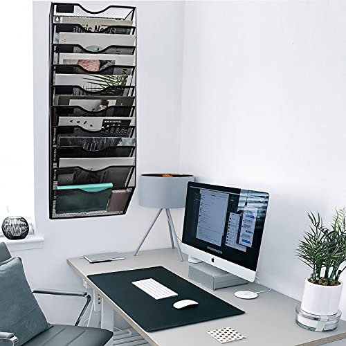 EASEPRES 10 Pocket Mesh Hanging Wall File Organizer, Wall Mounted Mail Paper Document Folder Holder, Clipboard Storage Organization Magazine Rack with Nametag Label for Office Home School, Black - color: Black, size: 10 Tier