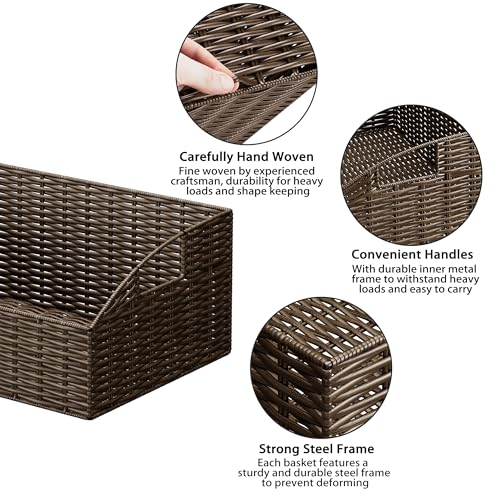 Ollieroo Rattan Storage Baskets, Handwoven Wicker Storage Bins with Built-in Handles, Storage Container Baskets for Shelves, Bedroom, Bathroom, Laundry Room or Kitchen(Brown) - color: Brown