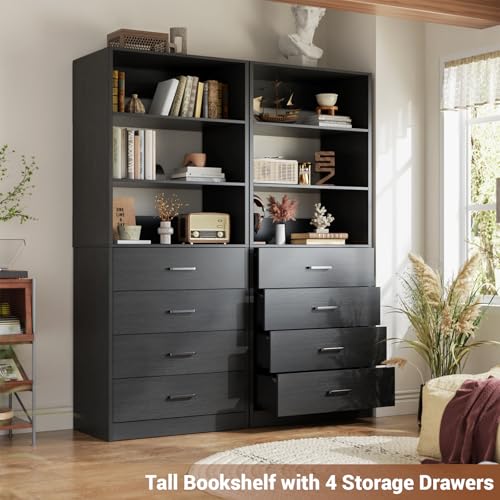 Aheaplus Closet Drawers Organizer System, 21.3" Wood Closet System with 4 Drawers, Modular Walk-in Closets Storage Unit, Tall Bookshelf Storage Cabinet, Black - color: Black