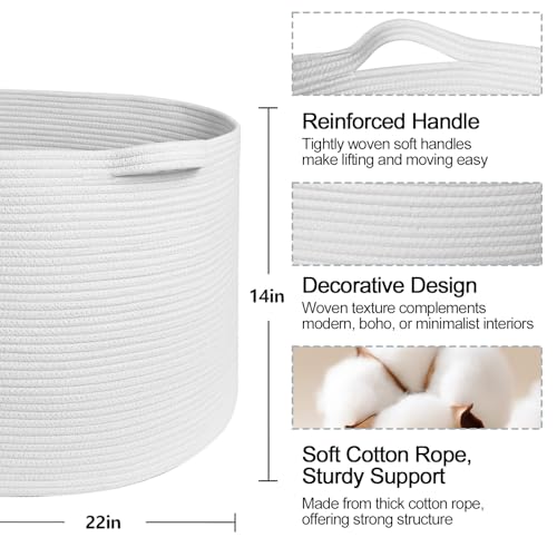 Large White Blanket Basket, 22"x14" Woven Cotton Rope Baskets for Organizing, Kids Dog Toy Bin Box, Large Wicker Blanket Storage for Living Room, Throw Pillow Holder Organizer, Shoe Towel Bin - color: White