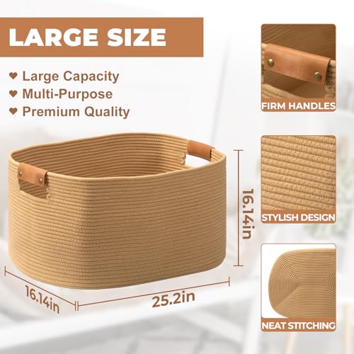 danpinera 108 L Blanket Basket for Living Room, Toy Basket With Leather Handle, Large Storage Bins for Toys, Pillows, Clothes, Rectangle Large Cotton Rope Basket, 25’’*16’’*16’’ Jute - color: Jute, size: 108L