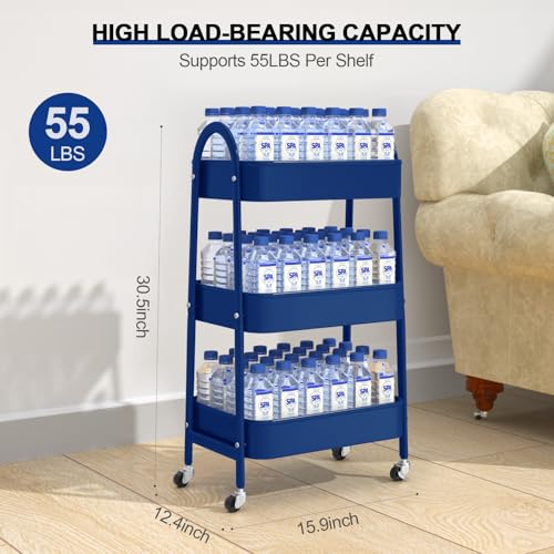 EAGMAK 3 Tier Utility Rolling Cart, Metal Storage Cart with Handle and Lockable Wheels, Multifunctional Storage Organizer Trolley with Mesh Baskets for Kitchen, Living Room, Office, Garage (Indigo) - color: Indigo Blue, size: Normal