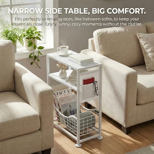 Skinny Side Table with Storage, 3 Tier Slim Side Tables for Small Spaces, Skinny End Table Narrow Bedside Table Narrow Side Table for Living Room, Bedroom - color: White