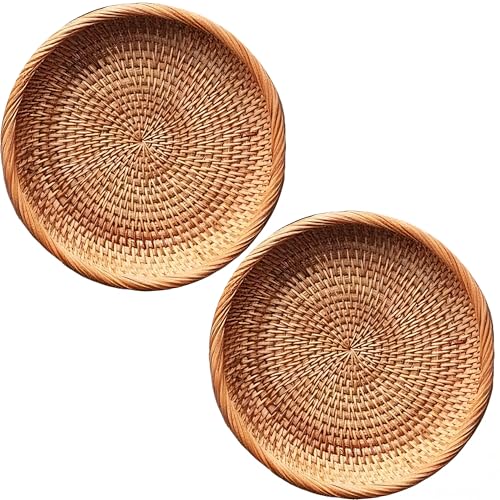 Set of 2 Round Rattan Fruit Bowls (8.7 Inch) – Handwoven Wicker Bread Baskets for Serving – Shallow Decorative Trays for Coffee Table, Entryway Keys & Catchall – Boho Kitchen Decor - size: 8.7"*2