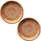 Set of 2 Round Rattan Fruit Bowls (8.7 Inch) – Handwoven Wicker Bread Baskets for Serving – Shallow Decorative Trays for Coffee Table, Entryway Keys & Catchall – Boho Kitchen Decor - size: 8.7"*2