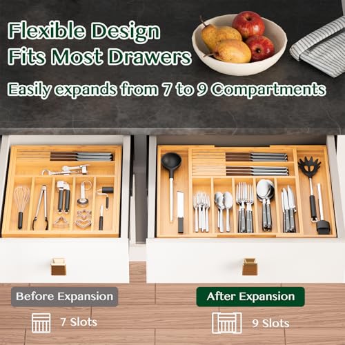 Dunruz Bamboo Expandable Drawer Organizer for Kitchen Utensils, Adjustable Silverware Tray with 9 Deep Slots for Large Spoons & Knives, Natural Wood Flatware Caddy for Cutlery Storage (Fits 13"-20")