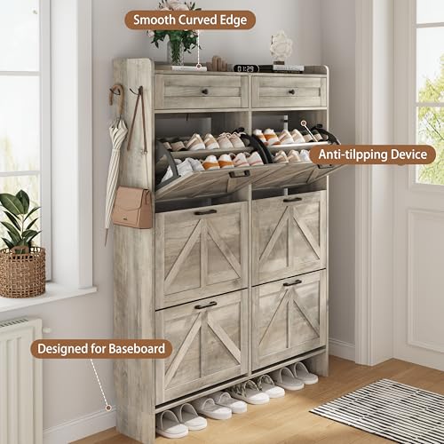 Shoe Cabinet with 6 Flip Drawers & 2 Top Drawers, 57" Tall Freestanding Narrow Wooden Shoe Storage Organizer for Entryway, Hidden Slim Shoe Rack for Front Door Entrance, Hallway, Living Room, Grey - color: Grey, size: 6 Flip Drawers