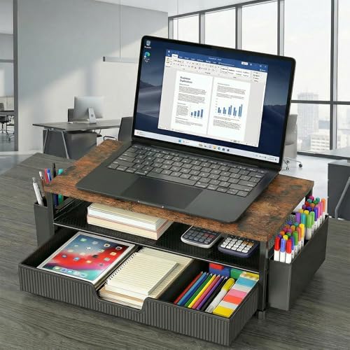 ECOLOVI Desk Organizer and Accessories, 2-Tier Computer Monitor Stand Rise with Storage Drawer & 2 Pen Holders, Laptop & Printer Stand for Desktop, Workspace Organizers for Office Supplies (Brown) - color: Walnut Brown