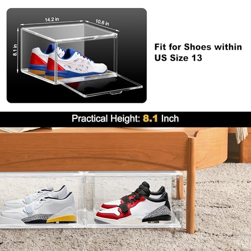 12 Pack Plastic Shoe Storage Boxes Fit US Size 13, Clear Stackable Shoe Display Case with Acrylic Magnetic Side Door, Shoe Containers for Sneaker Storage, Hats, Figure, Collectible - color: Clear, size: M-Large Size 13