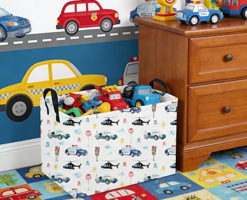 Sanjiaofeng Rectangular Police Car Storage Basket,Boys Toy Storage Bin,Nursery Hamper,Kids Storage Basket with Handles for Car Decor,Home Organizer,Books Box,Gift Baskets(Police Cars) - color: Police Cars