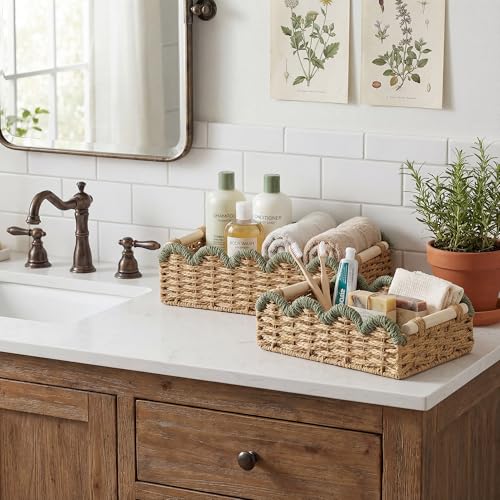 StorageWorks Toilet Paper Basket 2 Pack, Toilet Tank Basket with Wooden Handles, Small Wicker Decorative Scalloped Baskets for Organizing, Bathroom Storage, Green Rope - color: Paper Rope(Green), size: 11¾" L × 7¾" W × 4" H