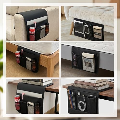 Bedside Caddy Organizer & Remote Control Holder for Couch, Non-Slip Armchair Caddy Storage with Multiple Pockets, TV Remote Holder for Bed, Sofa Armrest Organizer for Glasses Phone Magazine(2pcsBlack)