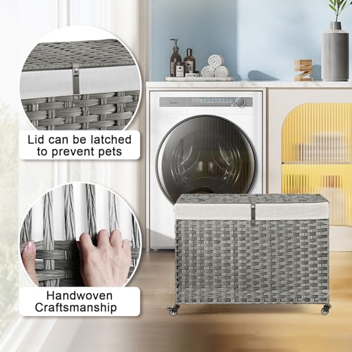 Rolling Storage Basket with Lid, 47.6 Gallon (180L) Storage Bin with Wheels, Woven Rattan Blanket Storage Basket with Handles, Foldable, Metal Frame, Removable Liner for Bedroom, Laundry Room, Grey - color: Grey