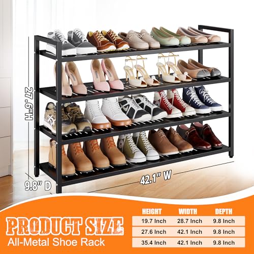 4-Tier Heavy Duty Metal Shoe Rack, 200 lbs Load Capacity Shoe Organizer with Reinforced Steel Tubes, No-Wobble Free Standing Shoe Shelf for Entryway, Closet, Bedroom, Dorm – Easy Assembly, Black - color: Black, size: 4Tier/27.6"H×42.1"W×9.8"D
