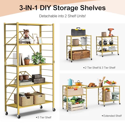 5 Tier Foldable Storage Shelves, Expandable Folding Shelving Units with Wheels, Changeable into 2 Shelf Units, Collapsible Adjustable Storage Rack Metal Shelves for Storage, Pantry, Garage, Gold - color: Gold, size: 5-Tier