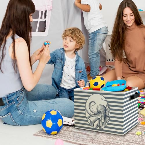 Coastal Beach Octopus Storage Bins Box with Handles, Blue Striped Beachy Ocean Octopus Marine Biology Collapsible Basket Organizer for Bedroom Bathroom Toys Books Clothes - color: Color08