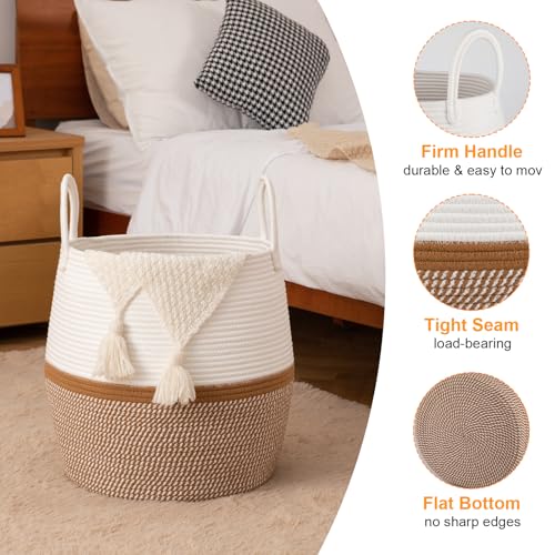 OIAHOMY 60L Blanket Basket with Handle, Storage Basket for Living Room, Laundry Hamper for Clothes, Towels, Pillows, Toy Storage for Kids and Dogs, Baby Hamper for Nursery - Brown & White - color: Brown & White, size: 60L