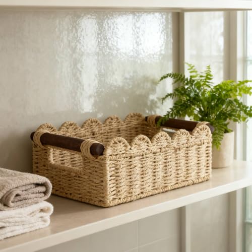 Cute Scalloped Basket, Handwoven Toilet Paper Storage with Built-in Handles, Wicker Basket for Organizing, Decoration and Home(Set of 2) - color: Beige
