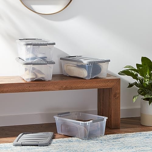 Amazon Basics Plastic Storage Containers with Secure Latching Lids, Stackable Organization Bins for Organizing, Clear/Grey, 12 Quart, Set of 6 - size: 12 Qt. - 6 Pack