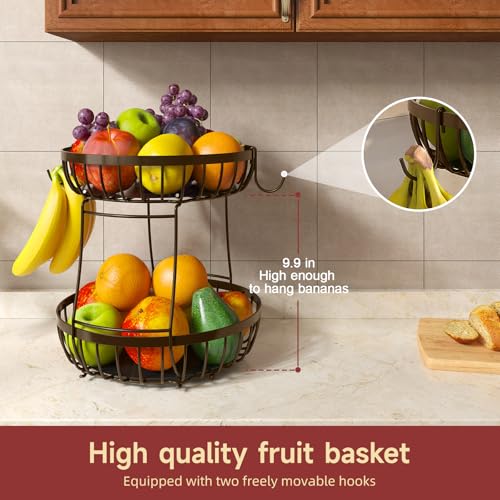 Sevenblue 2 Tier Fruit Basket for Kitchen Counter with 2 Banana Hangers, Metal Stackable Fruit Bowl for Kitchen Counter for Bread Vegetable Fruits, Brown - color: Brown, size: 2 Tier