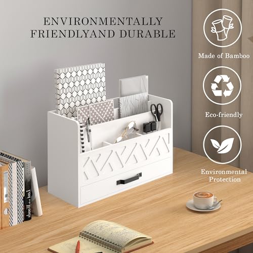 WISUCART Bamboo Mail Organizer Countertop Wood Desk Organizer Drawer Tabletop Storage Box Letter Sorter Makeup Organizer for School Home Office Supplies White - color: White