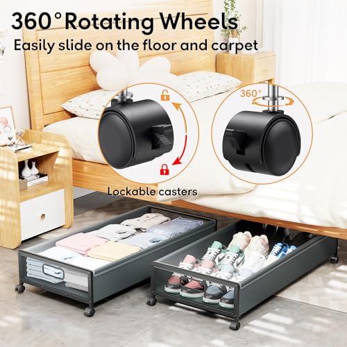 Under Bed Storage Containers with Wheels 2 Pack Underbed Shoe Storage Bedroom Storage Bins Organizer Large Capacity Under Bed Storage with Lid for Clothes Shoes Toys Blankets (Cyan-gray) - color: Gray, size: 2pcs