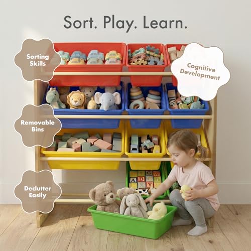 Humble Crew, Natural/Primary Kids' Toy Storage Organizer with 12 Plastic Bins, 34*35*15.5inch - color: Natural/Primary
