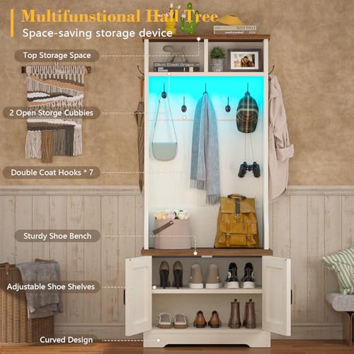 CSZZD Hall Tree with Bench and Shoe Storage, Entryway Bench with Coat Racks and Led Lights, Farmhouse Small Hall Tree with Shoe Cabinet, 7 Coat Hooks, 6 Storage Cubbies, Adjustable Shelf - color: Antique White, size: 23.6"