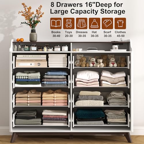 Dresser for Bedroom with 8 Drawers, 55" Large Dresser & Chest of Drawers with Charging Station, Wood Closet Clothes Storage Tall Dressers Organizer for Bedroom Living Room Hallway (White) - color: White, size: 16"D x 55"W x 46"H (8 Drawers)