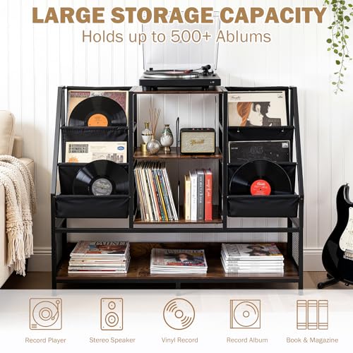 Uieke Large Record Player Stand, Record Holder with Vinyl Record Storage Holds up to 500+ Albums, Media Table with Vinyl Display Shelf & Turntable Stand for Living Room, Bedroom - size: 47.2"L x 11.8"W x 42.2"H