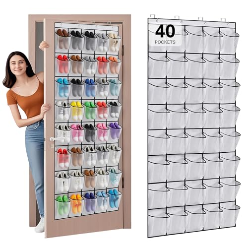 40 Large Mesh Pocket Over the Door Shoe Organizer,Hanging Shoe Rack for Door,Hualleko Shoes Organizer Hanger with Large Capacity, Shoes Storage Holder Sturdy Non-woven Fabric - Stores 20 Pairs (White) - color: White
