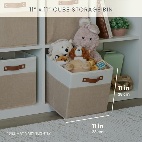 OrganiHaus 11" x 11" x 11" Fabric Cubes Storage Bins Set of 4, Foldable Collapsible Canvas Storage Bins for Organizer, Toy Organizer for Kallax, 11 Inch Linen Cube Shelf Baskets - Beige/White - color: Beige Base / Off-White, size: (11x11) Leather Handles