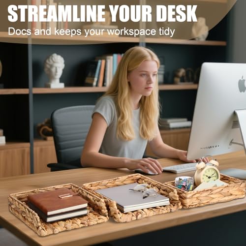 Geelin 3 Pack Water Hyacinth Woven Stackable Desk Organizer Letter Tray, Primary Color Tabletop Desk Basket for Storage Paper Letter Folders Notebooks Copy Print, Workspace Holder - color: Primary Color